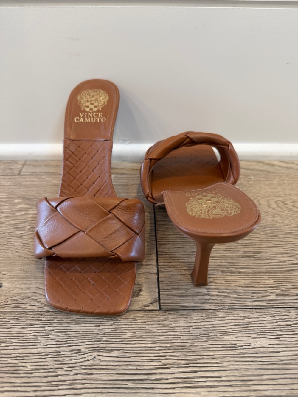 Vince Camuto Cognac Woven Leather Slide Heels